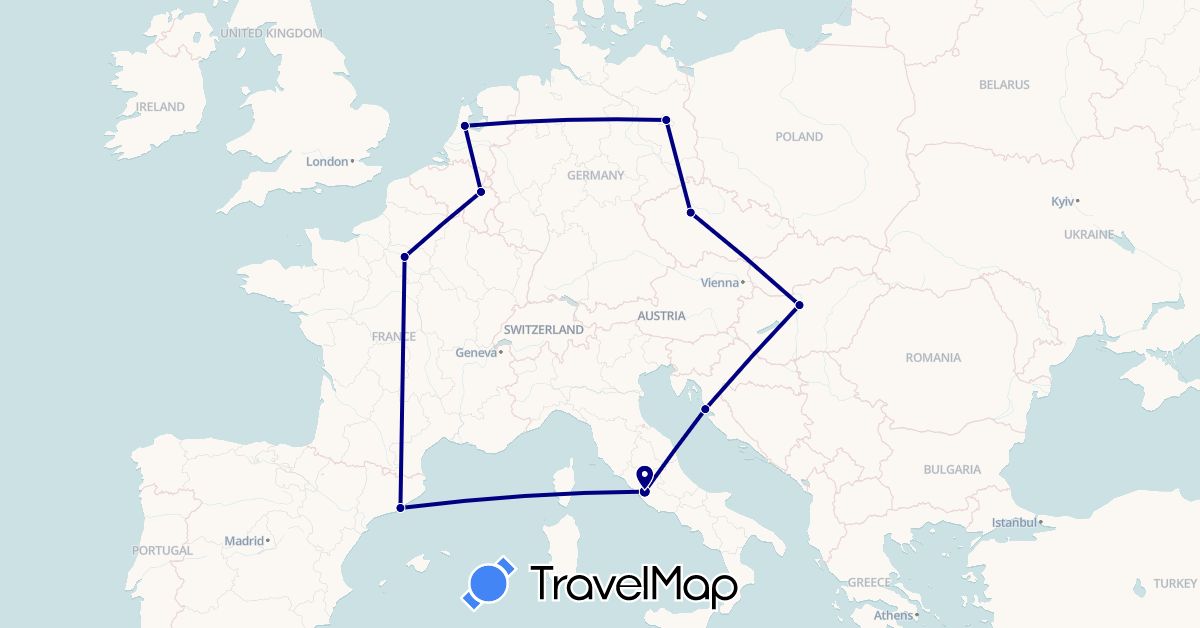 TravelMap itinerary: driving in Belgium, Czech Republic, Germany, Spain, France, Croatia, Hungary, Italy, Netherlands (Europe)